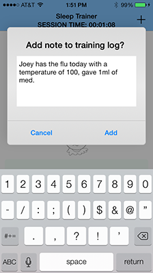 Screen showing how at any time notes can be added to the training log.